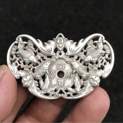 Chinese Old Antique Collection Tibetan Silver Hand Carved Bat Carp Pendant