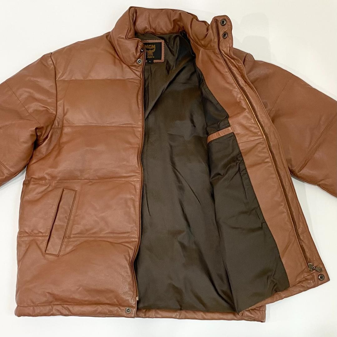 MCM Brown Leather Nylon Down Jacket from Japan