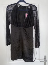 PrettyLittleThing Black lace and satin bodycon dress, size 8