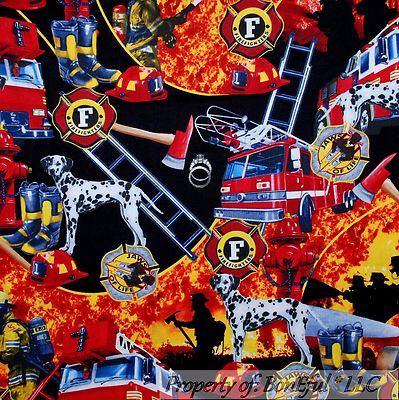 BonEful Fabric FQ Cotton Quilt Black Red Fire Fighter Truck Boots Hat Badge VTG