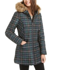Celebrity Pink Juniors Faux-fur Hooded Plaid Puffer Coat, Green, Size S, $98,nwt