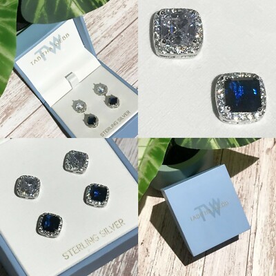 New - TABITHA WEBB -  Sterling Silver Clear Blue Diamonds Stud Earrings - NIB