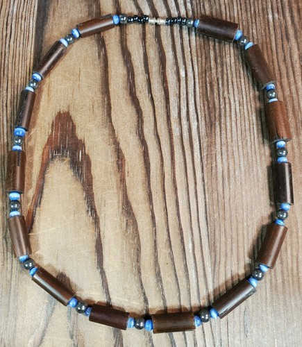 Mens Necklace Wood Brown Beads Blue 