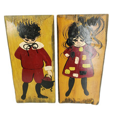 Folk Art Rustic Wood Painting Boy Girl Cast Iron Kettle Pot Vintage Decor