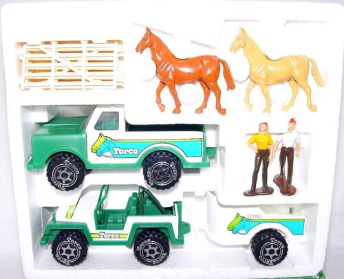 TORCO Green Grass FORD BRONCO Pick-Up HORSE TRAILER Pressed Steel Car Set MIB`81 - Picture 3 of 10