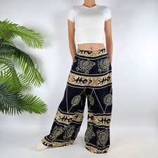 Vintage Black Tribal Print Boho Beachy Low Rise Wide Leg Flare Harem Pants / S