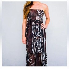 Vertigo Paris Psycho Zebra Brown Smocked Top Maxi Dress Size S