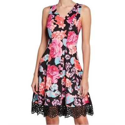 Donna Ricco Floral Dress Fit-and-Flare Style Sleeveless Size 8 Cutout Lace Hem