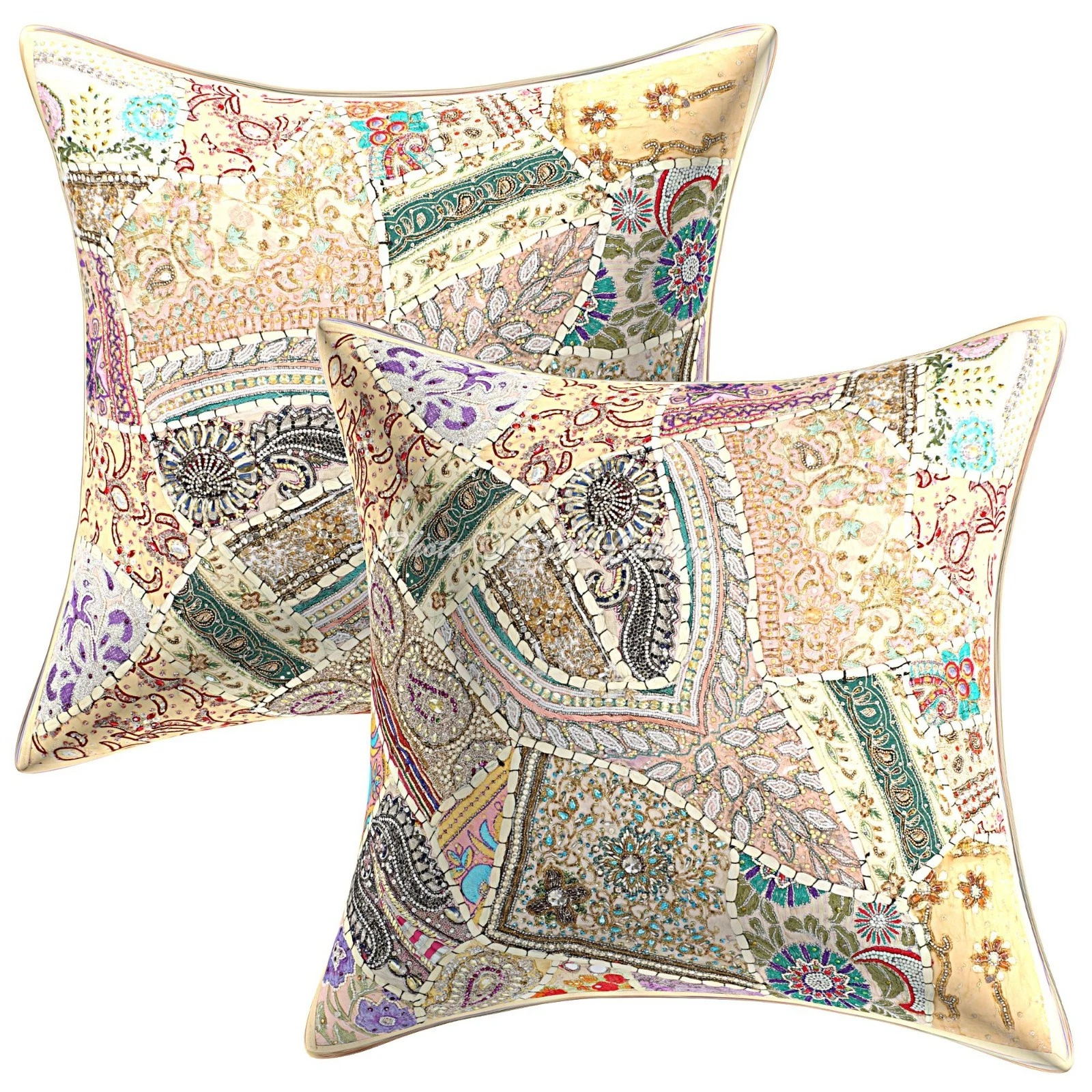 Decorative Cotton Throw Pillow Covers Beaded Patchwork Beige Floral Home Decor