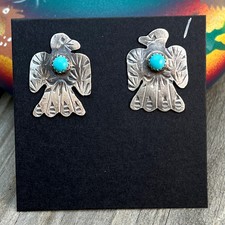 Turquoise thunderbird stud earrings oxidized Sterling silver Navajo Tim Yazzie