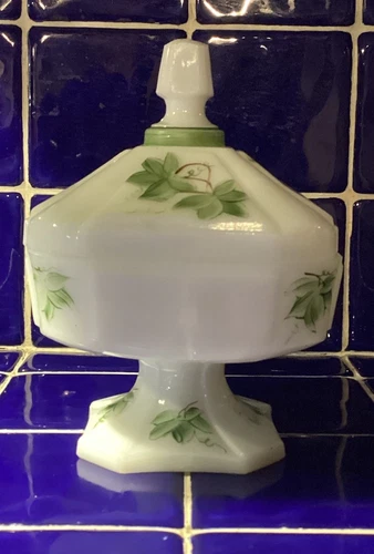 Milk Glass Candy Dish With Lid- Hand Painted- Vintage