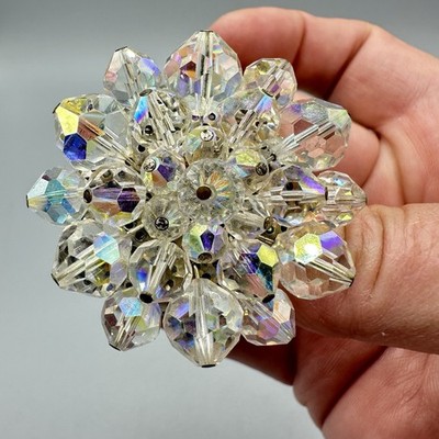 VTG Crystal Brooch Clear Cluster Aurora Borealis Faceted Silver Back Bling 1.75''