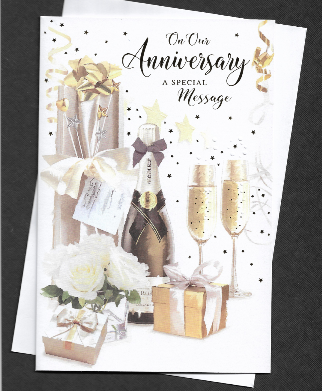 On OUR Anniversary 9""x6 Champagne Traditional Wife Husband Wedding White Rose