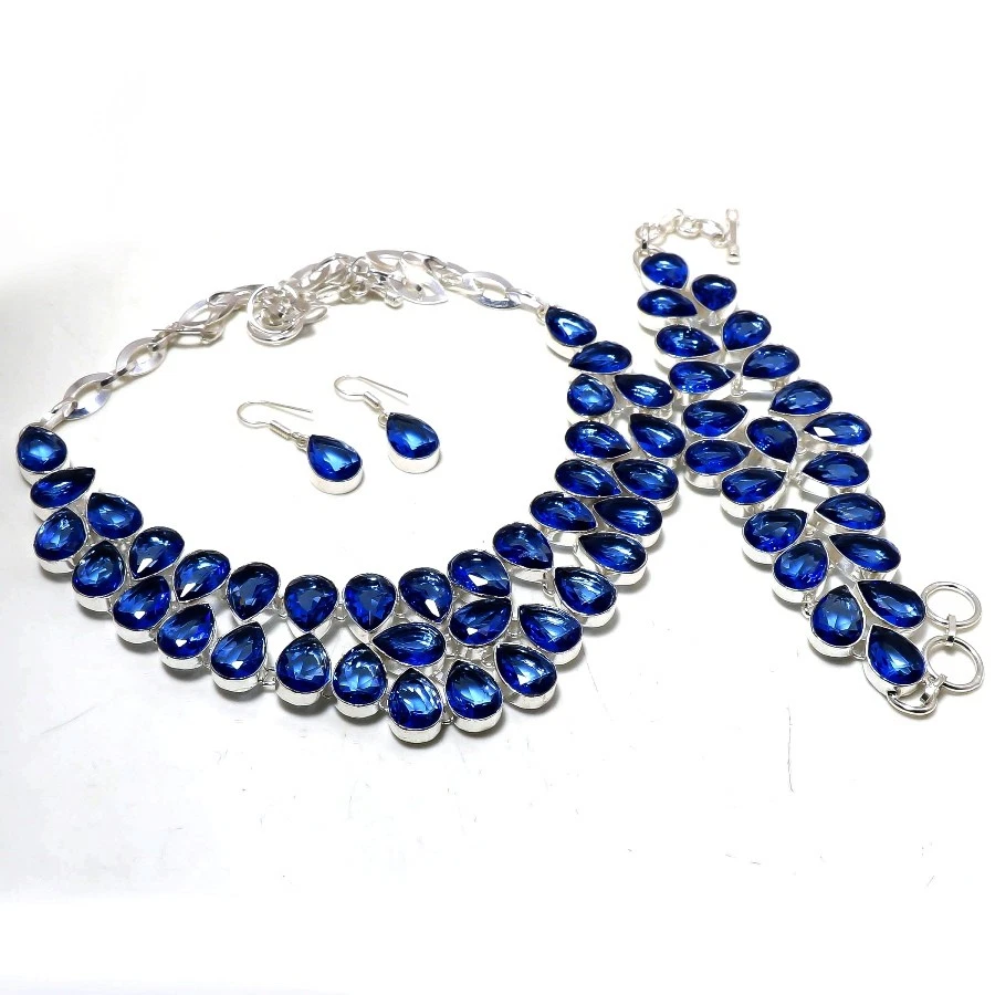 Faceted Tanzanite Quartz Pear Shape Gemstone Handmade Gift Necklace Jewelry Set - Image 2 of 4