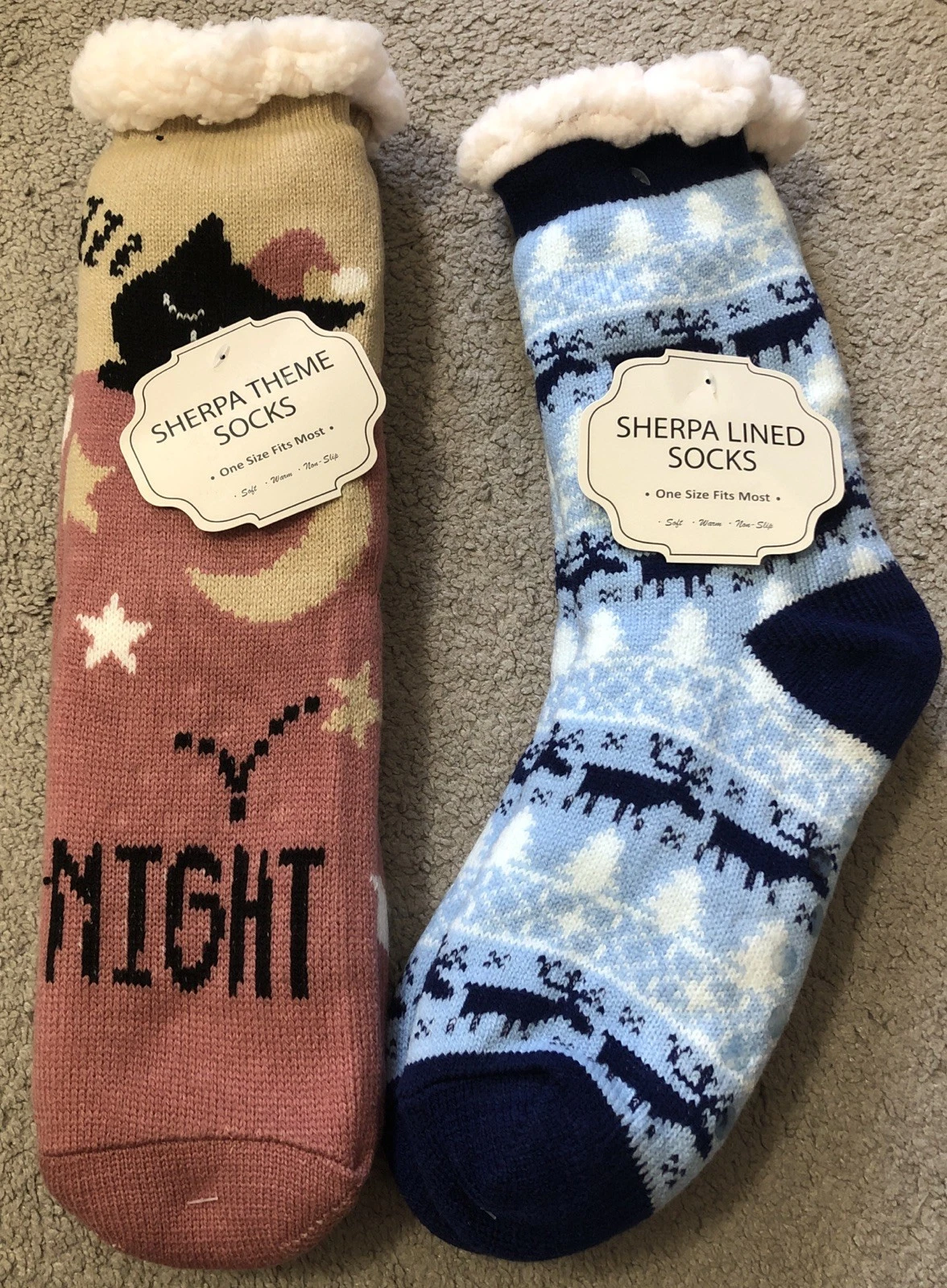 NEW! Set Of 2 Pairs Of Sherpa Lined Non-Slip Socks One Size Fits Most