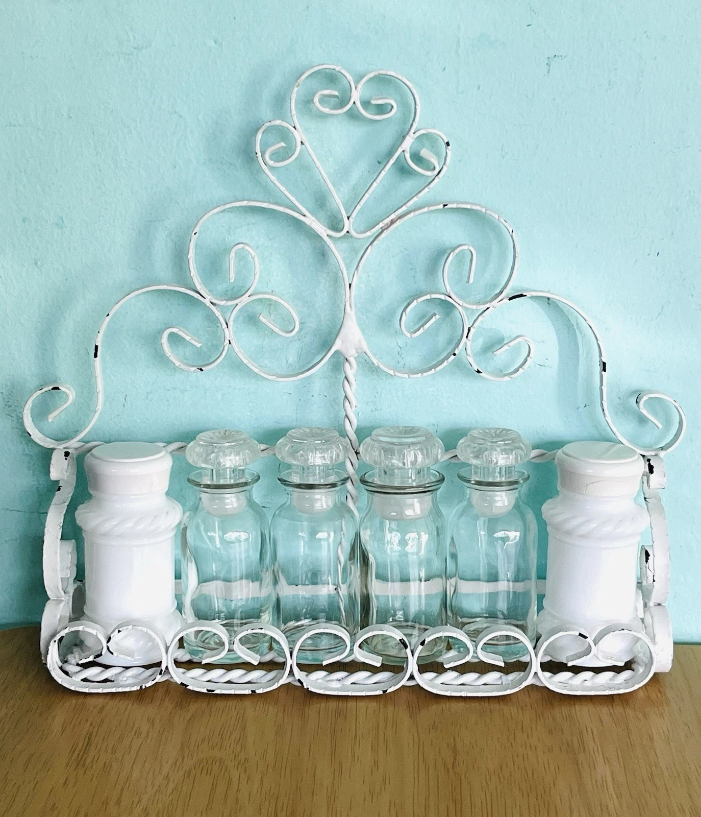 Vtg. Distressed Small Metal Wall Spice Rack With Glass Jars Spain