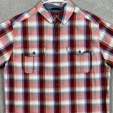 Woolrich Shirt Button Up Adult Men Large Red Blue Plaid Short Sleeve Flap Pocket