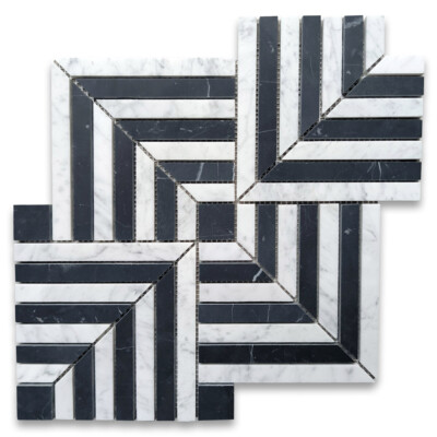 C7K1XP Carrara White Nero Marquina Black Marble Maze Square Weave Mosaic Tile