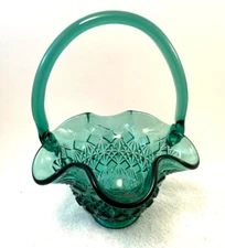 1990's Fenton Art Glass Ruffled Diamond Pattern Green  Basket  Vase 8.5"