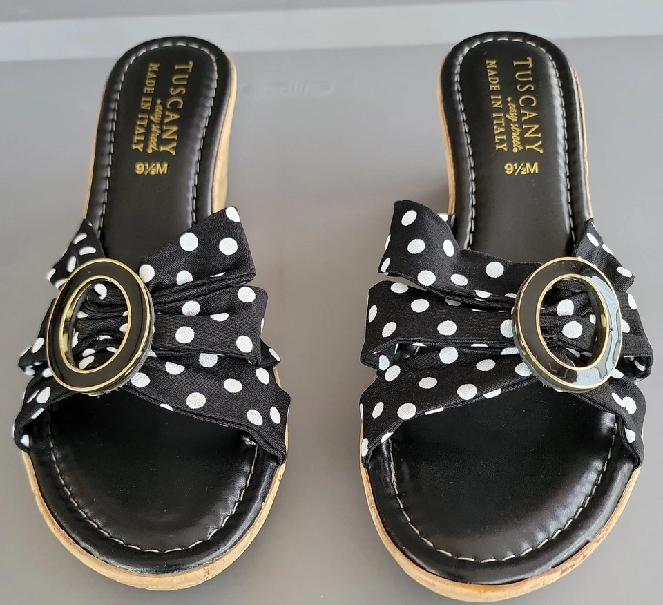 Sandalias de cuña Toscana Easy Street con tiras negras blancas a lunares corcho Italia 9,5 Foto 2 de 4