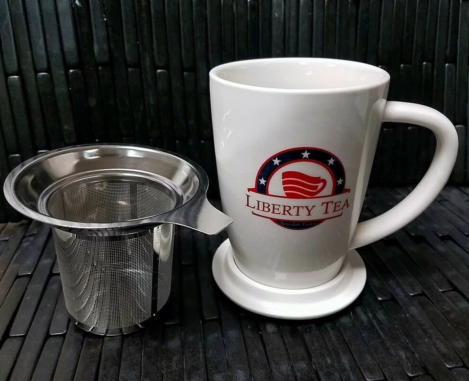 BRAND NEW Liberty Tea Tall 15 Oz Tea Mug Cup with Infuser and Lid - White Curve - Image 2 of 3