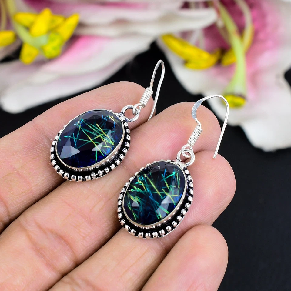 Pendiente de plata de ley 925 Jhumka hecho a mano con piedras preciosas de ammolita para regalo Foto 3 de 4