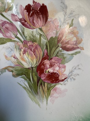 "Antiguo plato de porcelana semi vítreo KT&K Co borde de vieira verde rosa floral 10""" - Imagen 5 de 10