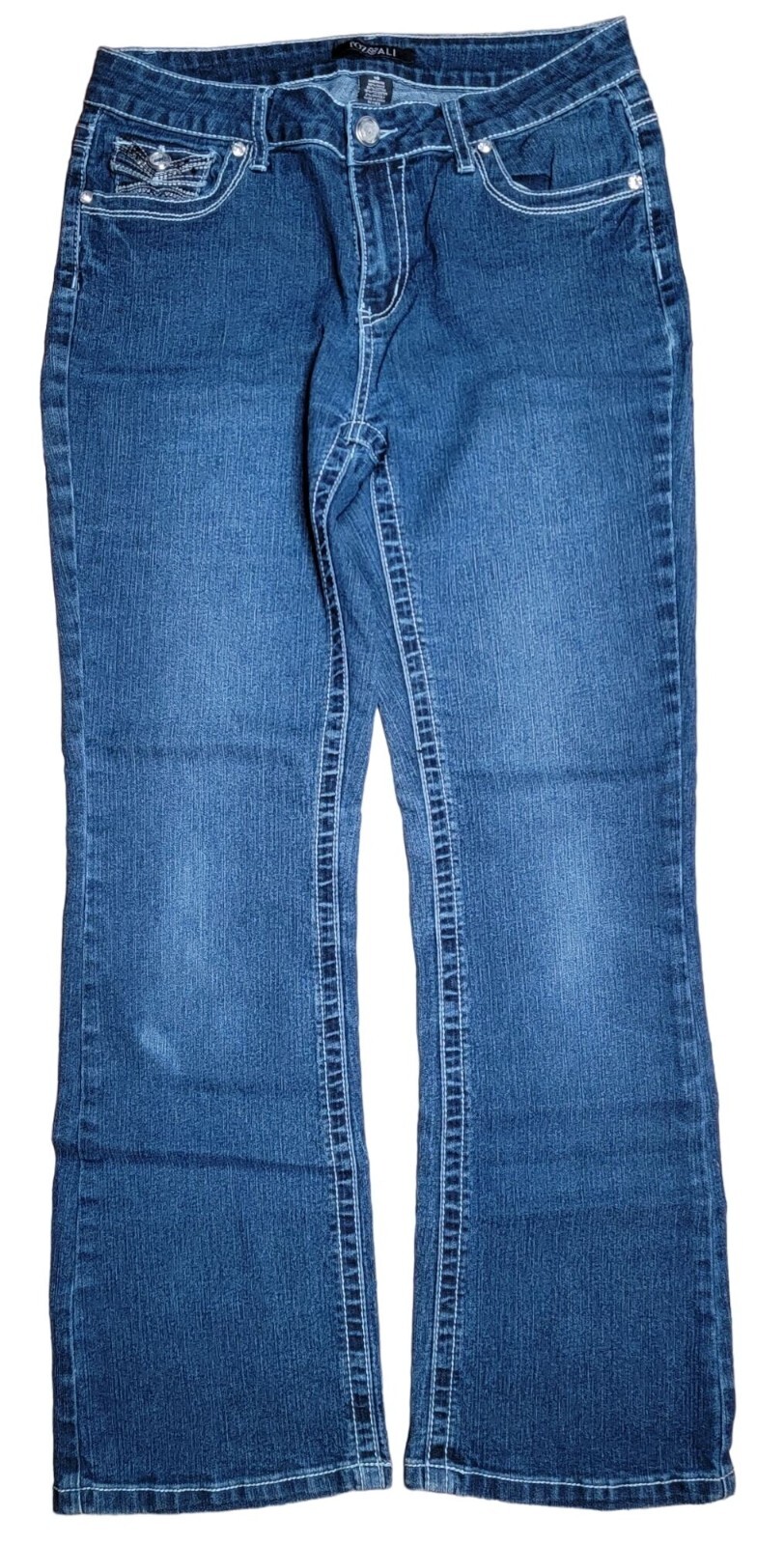 Roz & Ali Womens Jeans 10 Avg Blue Boot Cut Jeweled Pockets Dark Wash