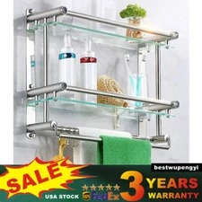 Bathroom Towel Rack with Shelf Hooks 2 Tier Wall Mounted Storage Organizer Rack