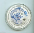 2012 $1 LUNAR YEAR OF DRAGON 1 Oz. WHITE & BLUE COLORIZED SILVER COIN AUSTRALIA