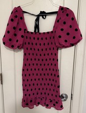 Forever 21 Polka Dot Smocked Hot Pink Bodycon Mini Dress Size Small Tie Back
