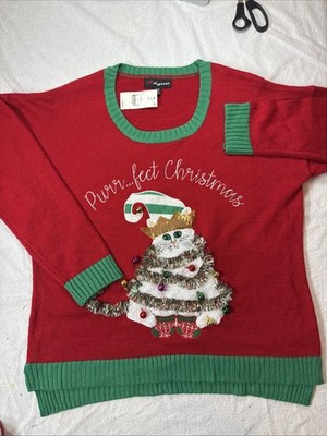 33 Degrees Ugly Purrfect Christmas Sweater Tinsel Bells Women  Cat Size XXL NWT