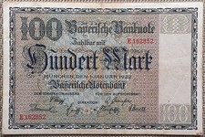 100 Mark 1922 L&auml;nderbanknote Bayern, Geldschein Deutschland, F- VF &deg;