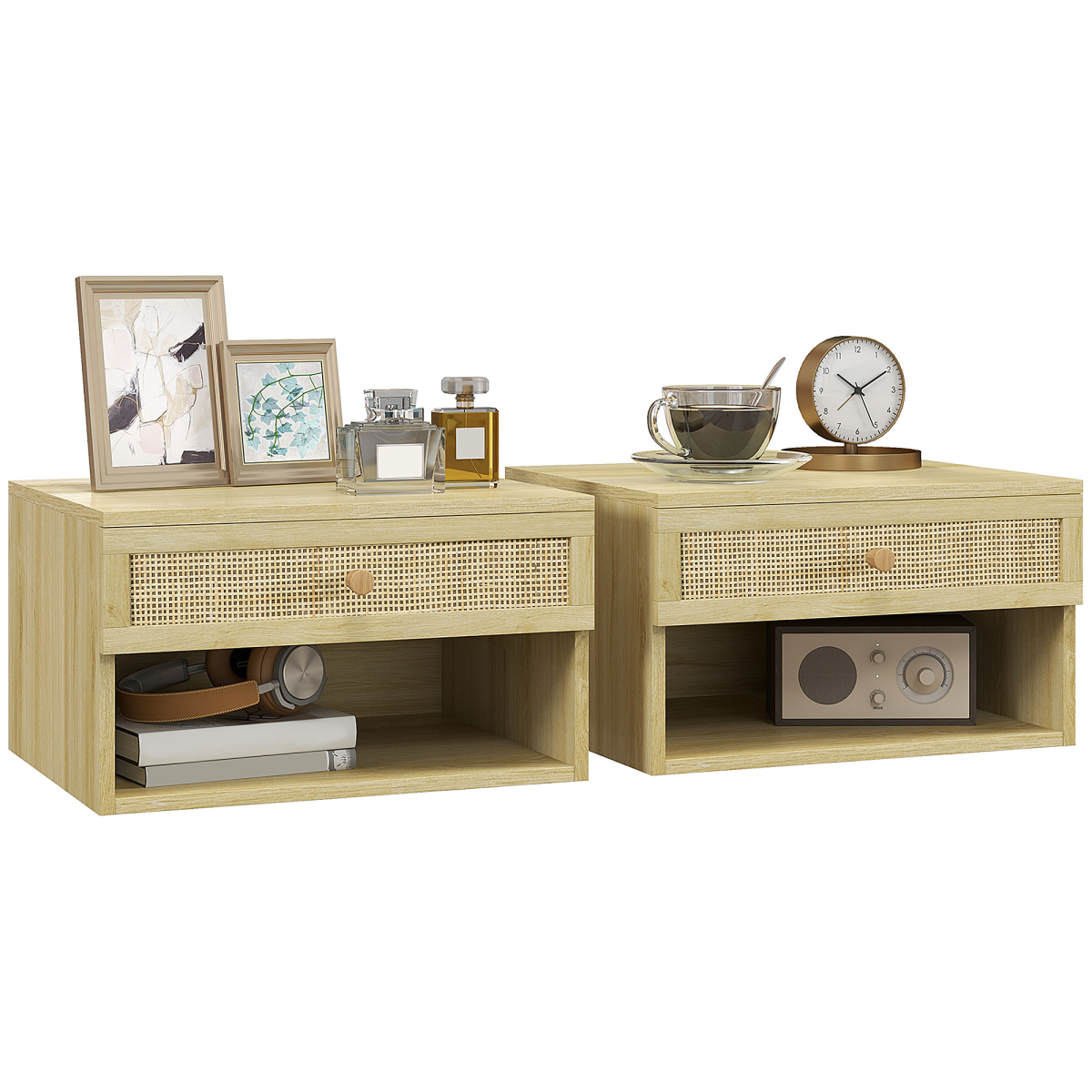 HOMCOM Floating Bedside Tables Set of 2 with Rattan Drawer & Open Shelf in Yellow - Image 2