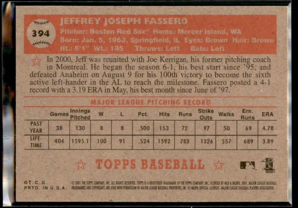 2001 Topps Heritage Jeff Fassero SP #394 Boston Red Sox - Image 2 of 2