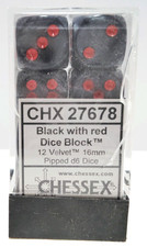 Chessex Dice d6 12 Black w/Red Velvet Pipped 16mm Six Sided Die CHX27678