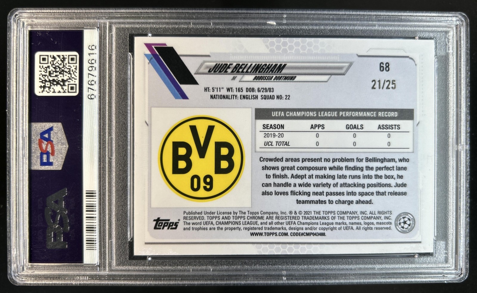 2020-21 Topps Chrome UEFA Jude Bellingham Orange Rookie RC #/25 Dortmund PSA 8 view 2
