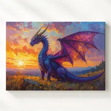Majestic Purple Dragon Canvassunset Fantasy Art On Cliffside Wall Art