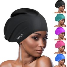 Extra Large Silicone Swimming Caps for Women  Men Black Long Hair Ties Included