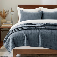 100 Cotton Box Stitch Quilt Set, King Size, Midnight Blue  Garment-Washed Soft