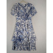 SHEIN Tiered Midi Dress Women's Size S Blue White Floral Bird Flutter Sleeve