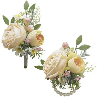 2 PCS Corsage And Boutonniere Set Yellow Artificial Wedding Flowers