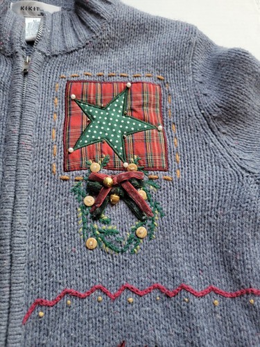 VGT Kikit M Christmas Cardigan Sweater Primitive Snowman Red Bird Tree Plaid - Picture 10 of 20