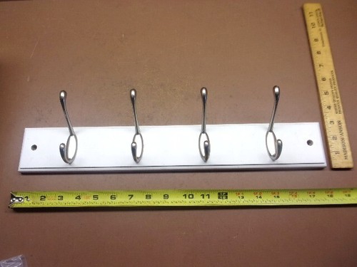 Satin White Coat Rack w/4 Brushed Nickel Double Hooks 18" x 2 3/4" New Old Stock - Picture 3 of 7