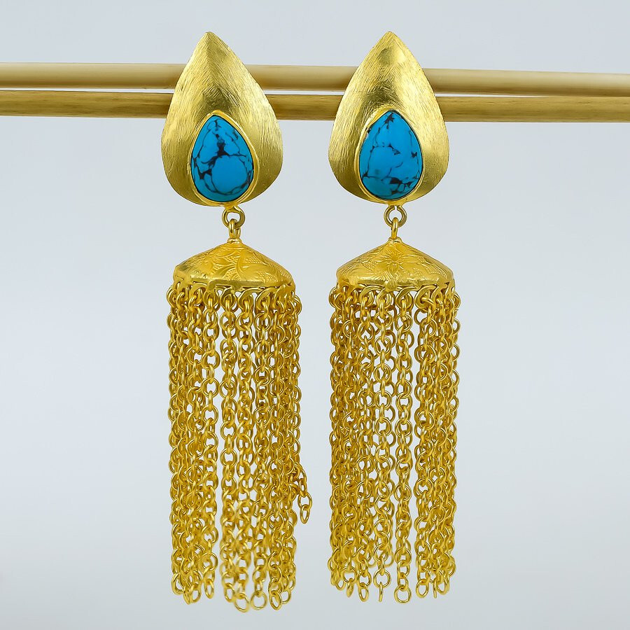 Tibetan Turquoise Gemstone Gold Plated Chandeliar Earrings Jewelry