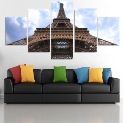 Eiffel Tower Paris France Sky View 5 Piece Panel Canvas Wall Art Photo Decor