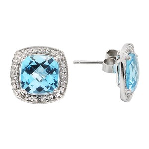 14k White Gold Diamond Blue Topaz Topaz Cushion Cut Halo Stud