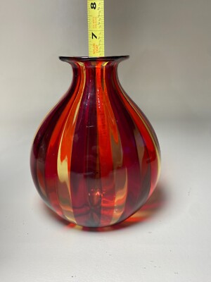 Vintage Murano Vase Hand Blown Red Striped Art Glass 6” x 5