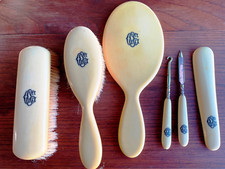 Antique Monogrammed Vanity Dresser Brush Mirror Set 6 Pieces