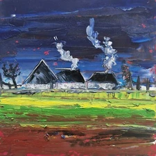 Original oil painting night landscape country houses piece of art 6x6"